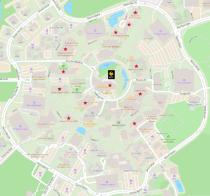 On-Campus Donation Box Locations marked with Red Stars on map of UCF.